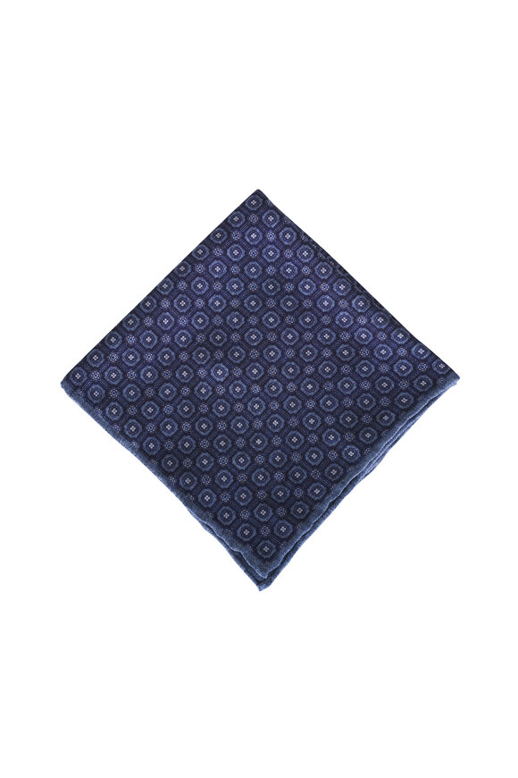 Brunello Cucinelli Navy Geometric Print Silk Pocket Square