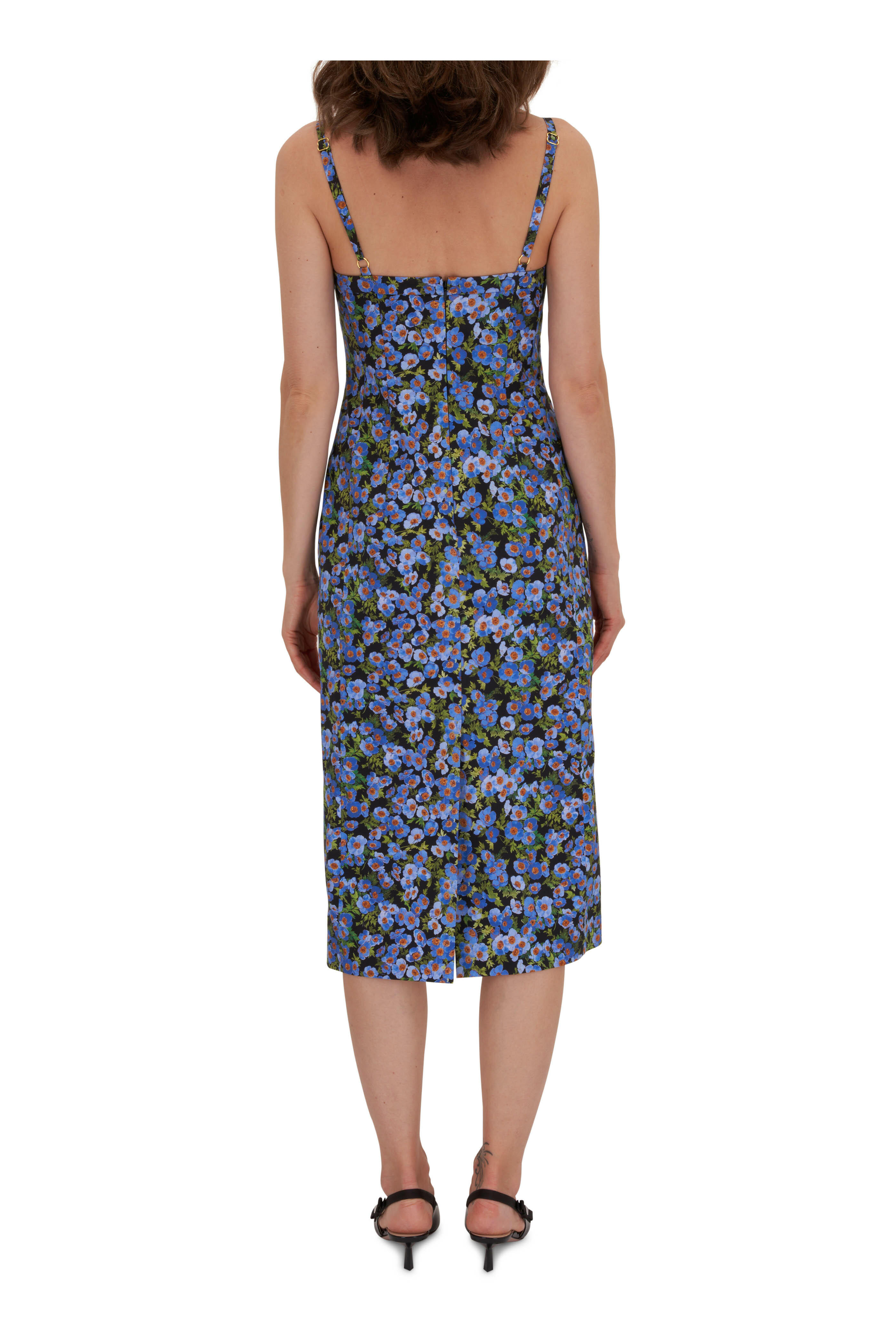 Carolina Herrera - Blue Floral Print Ruched Sweetheart Midi Dress