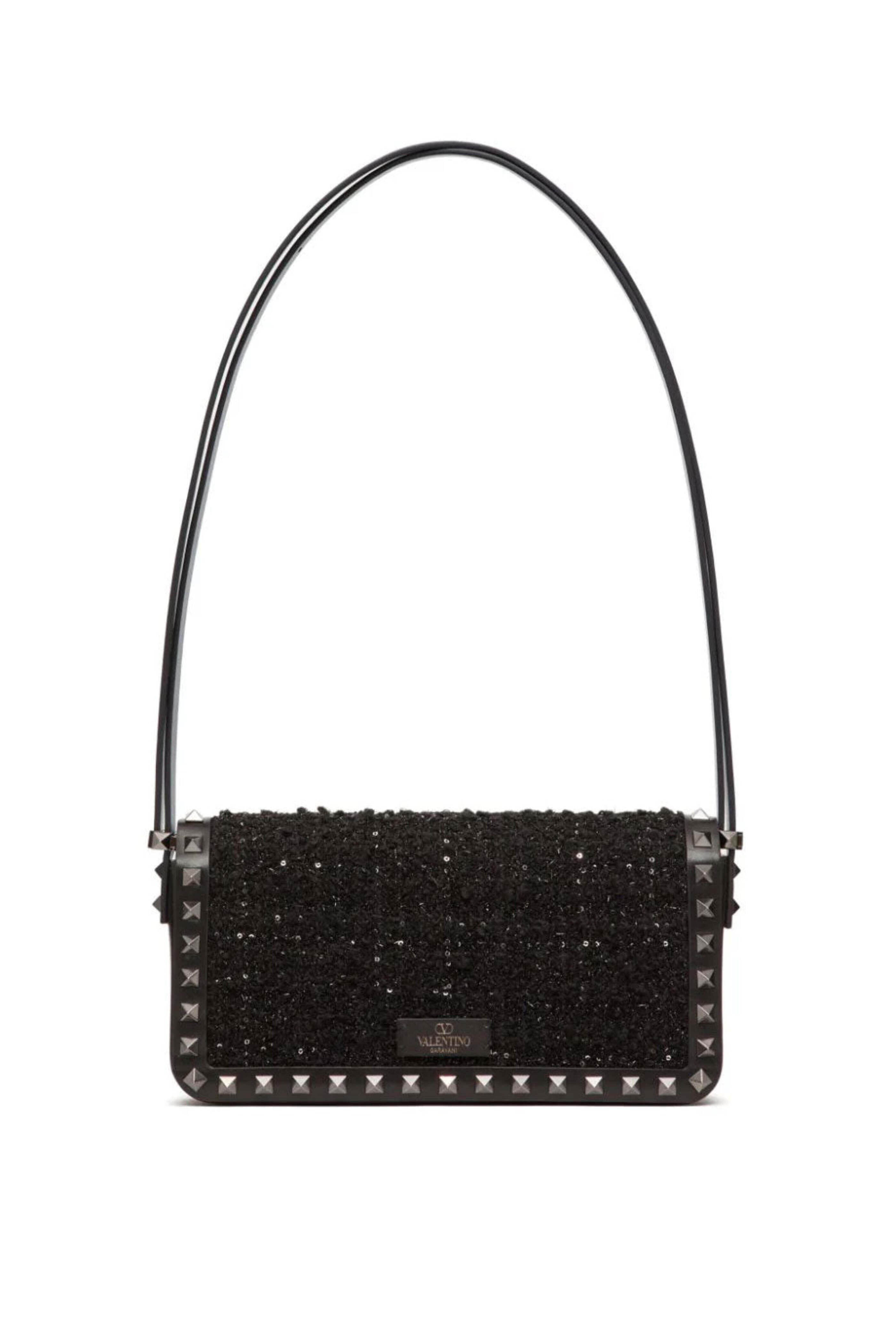 Valentino Garavani - Rockstud Tweed Shoulder Bag in Black
