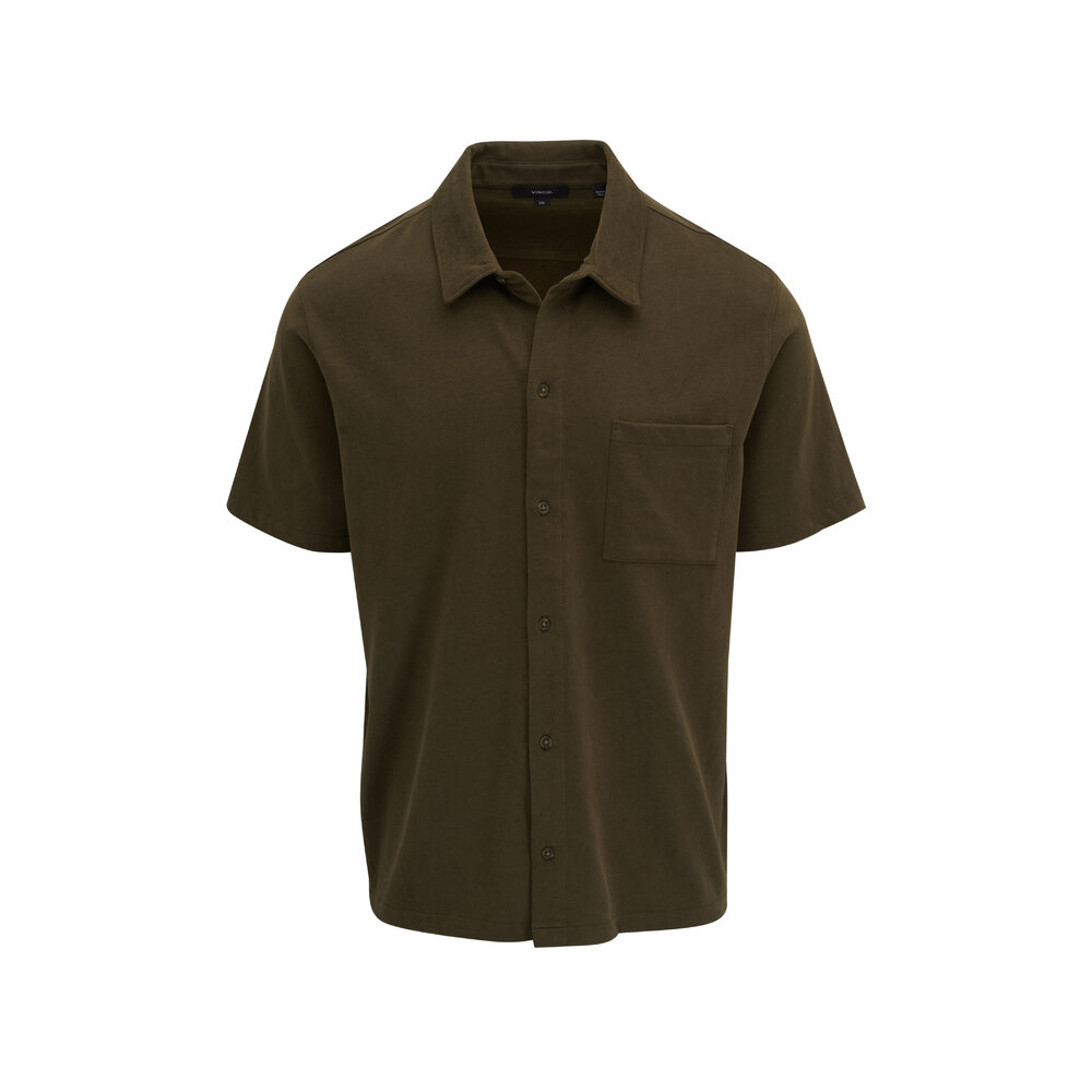 Vince Olive Green Sueded Cotton Jersey Button Down Shirt