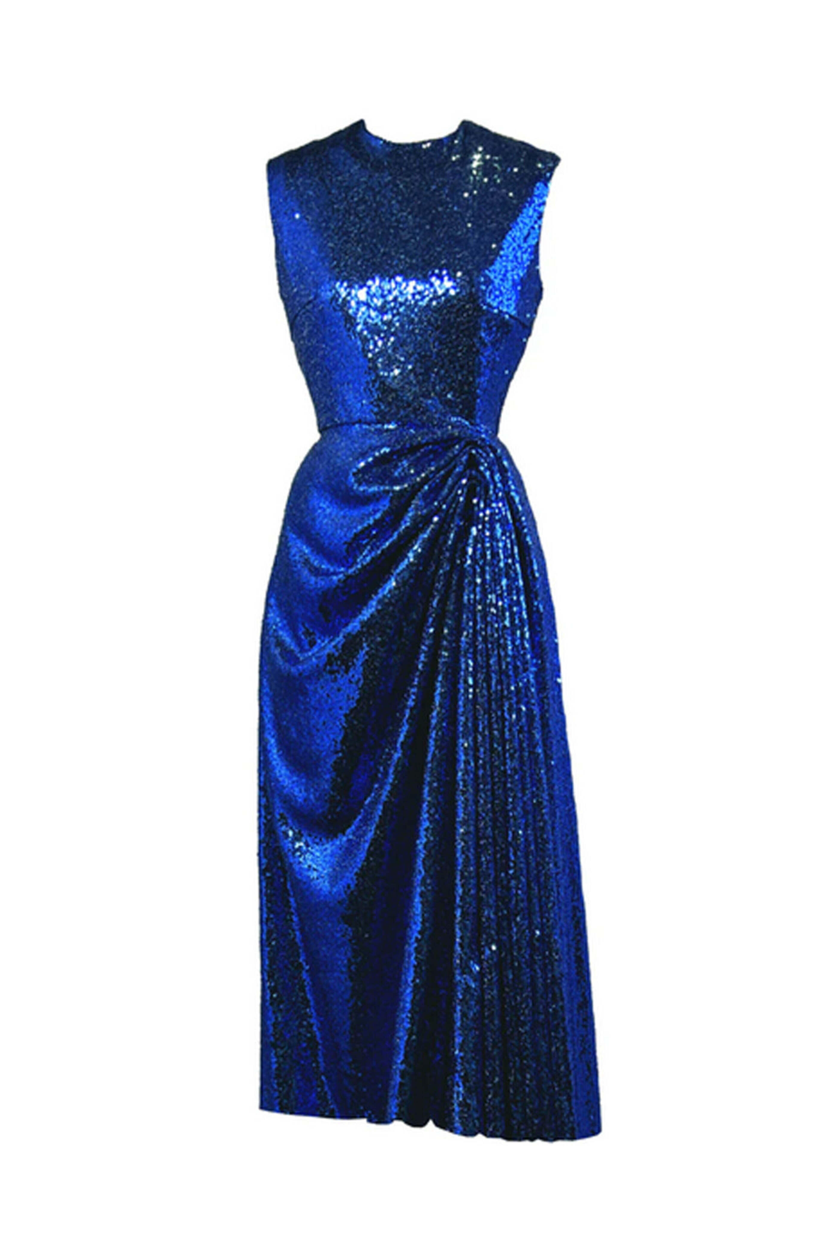 Edeline Lee - Royal Blue Sequin Nymph Drape Midi Dress