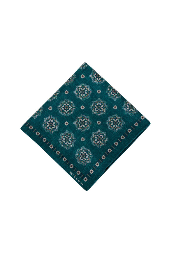 Kiton - Teal Medallion Print Silk Pocket Square