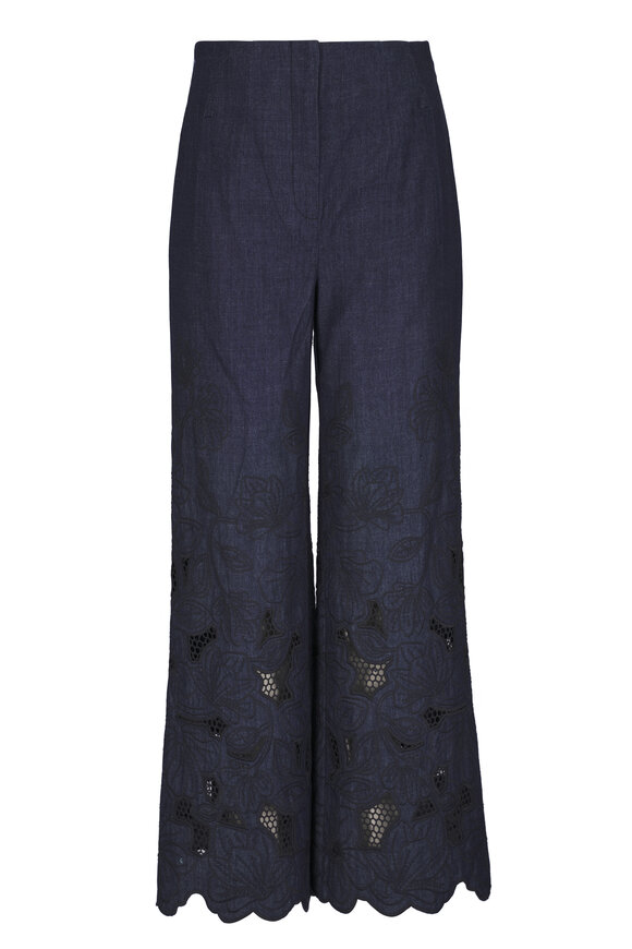 Veronica Beard Osborne Eyelet Indigo Rinse Chambray Wide Leg Pant