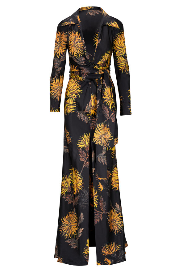 Etro - Black & Gold V-Neck Wrap Printed Gown