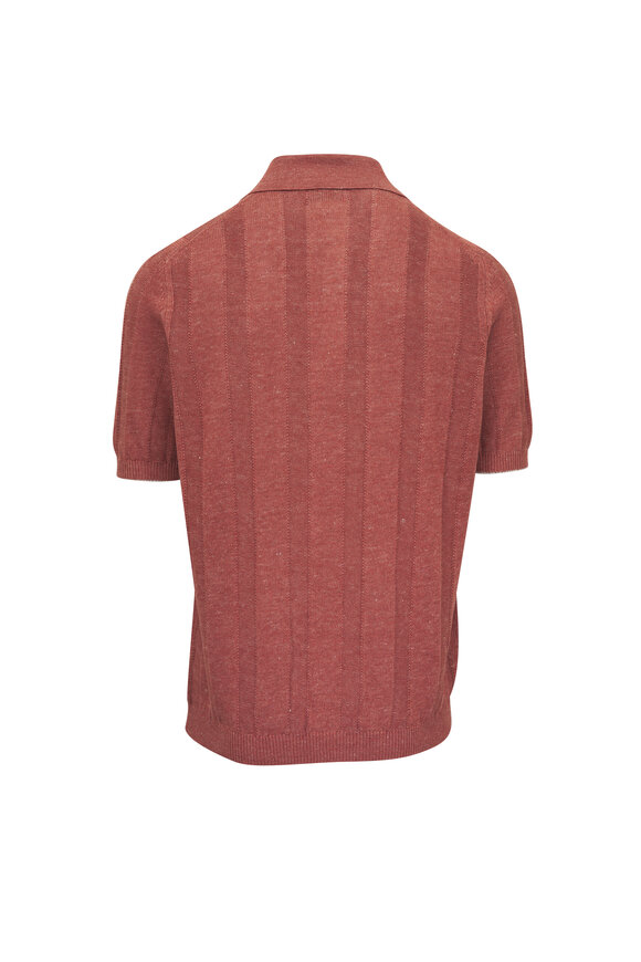 Brunello Cucinelli Solid Peach Linen & Cotton Polo Sweater - view 3