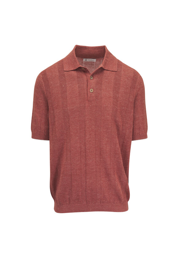 Brunello Cucinelli Peach Solid Linen & Cotton Polo Sweater