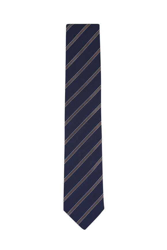 Canali Navy Stripe Silk & Wool Necktie - view 1