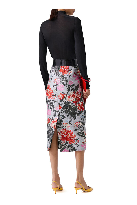 Carolina Herrera - Gray Multi Jacquard Floral Metallic Midi Skirt 