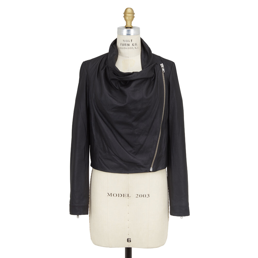 Helmut Lang - Black Leather Draped Front Asymmetric Zip Jacket