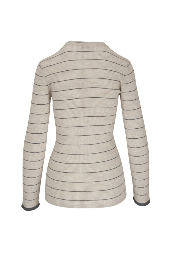 Brunello Cucinelli - Pearl Gray Wool & Cashmere Stripe Knit Top 