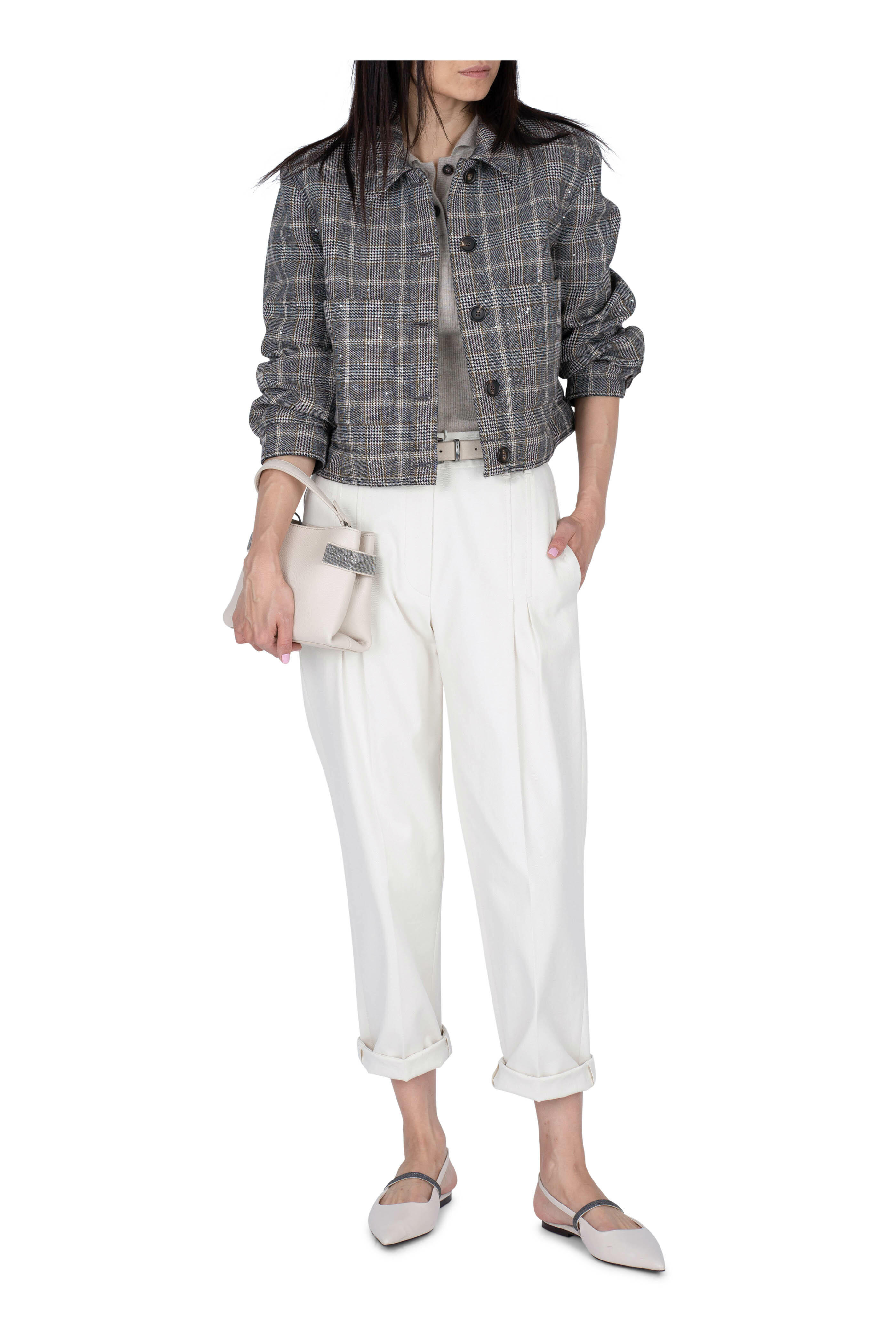 Brunello Cucinelli - Beige, Nero & Marrone Plaid Paillette