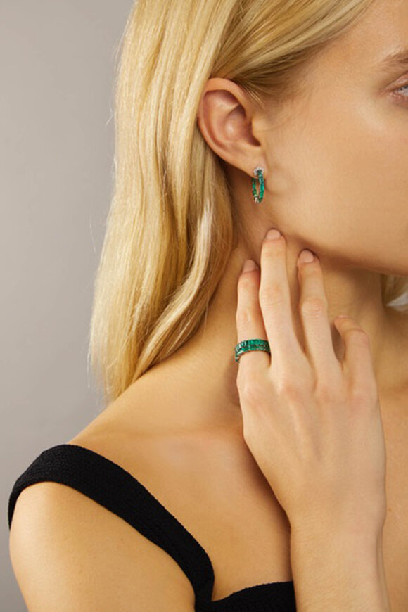 Nam Cho 18k White Gold Basic Baguette Emerald Hoops - view 2