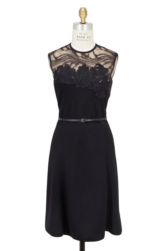Elie Saab - Black Embroidered Lace Yoke Belted Dress