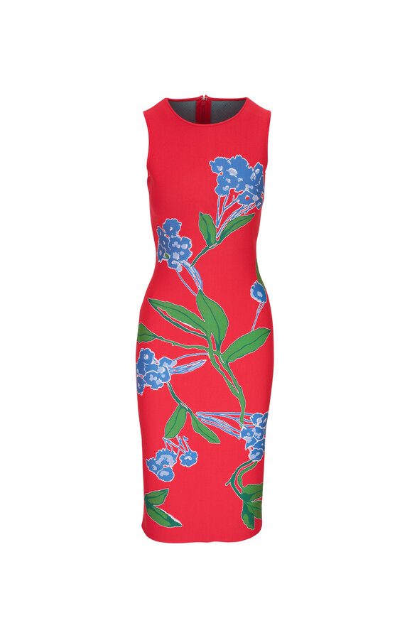 Carolina Herrera Lacquer Red Floral Knit Midi Dress 
