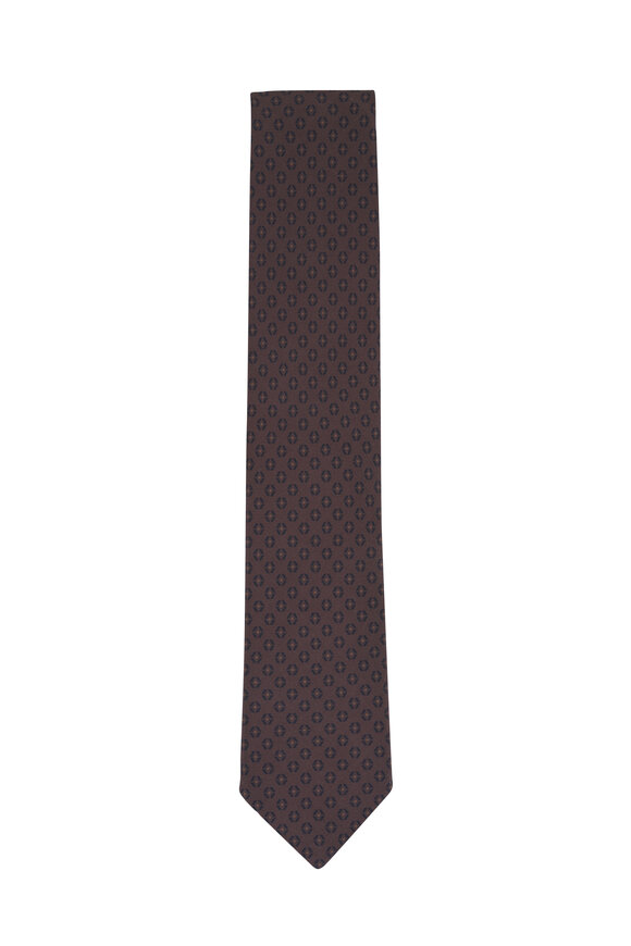 Zegna Dark Brown Geometric Print Silk Necktie - view 1