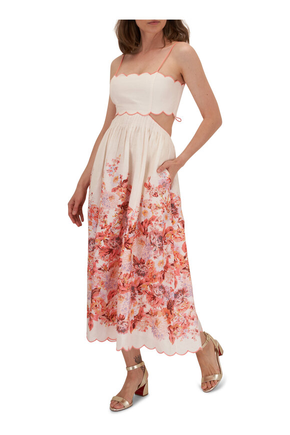 Zimmermann - Devi Cream Floral Scallop Midi Dress