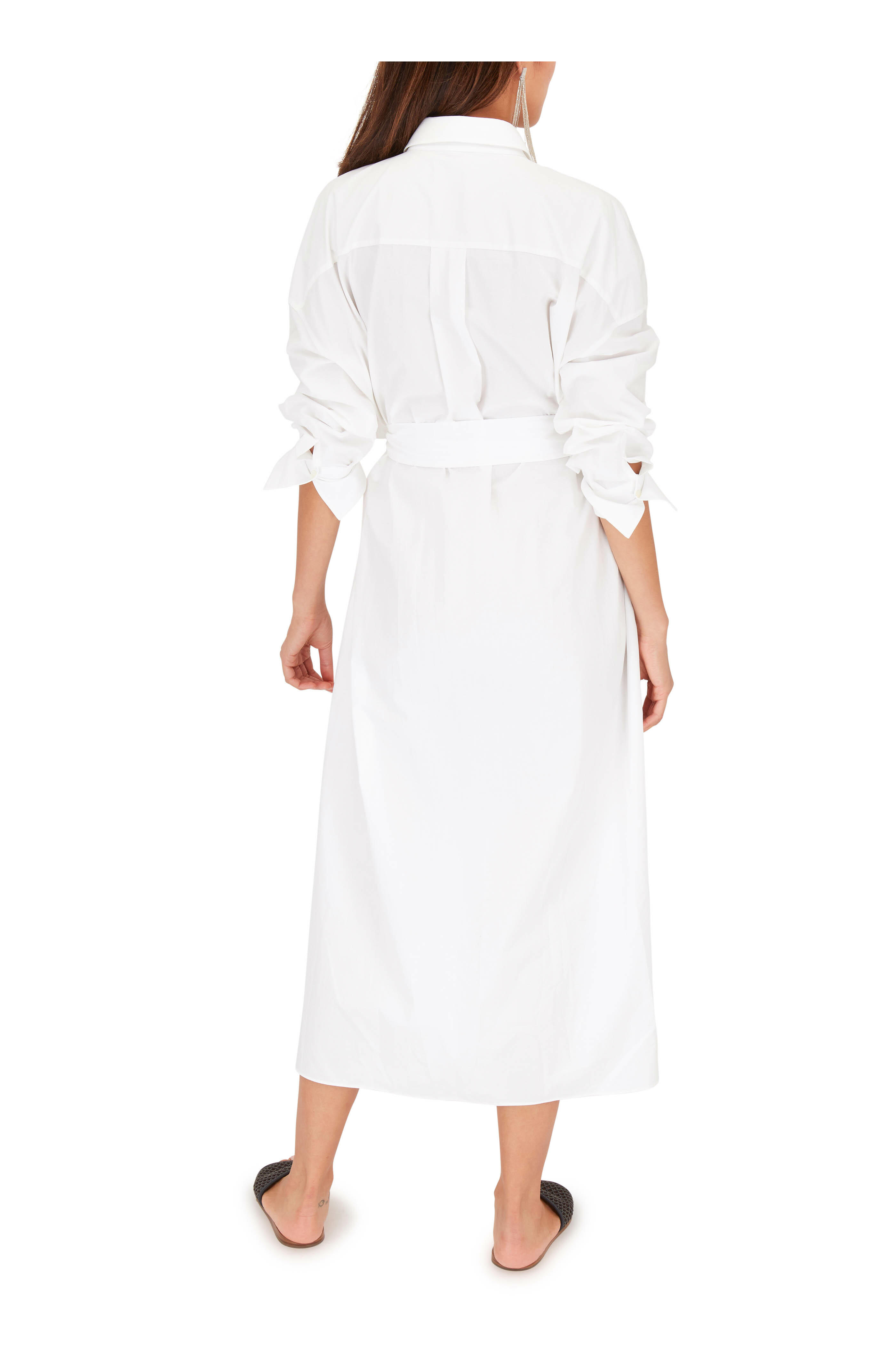 Brunello Cucinelli Crinkled Cotton Long-Sleeve Belted Shirt Dress White