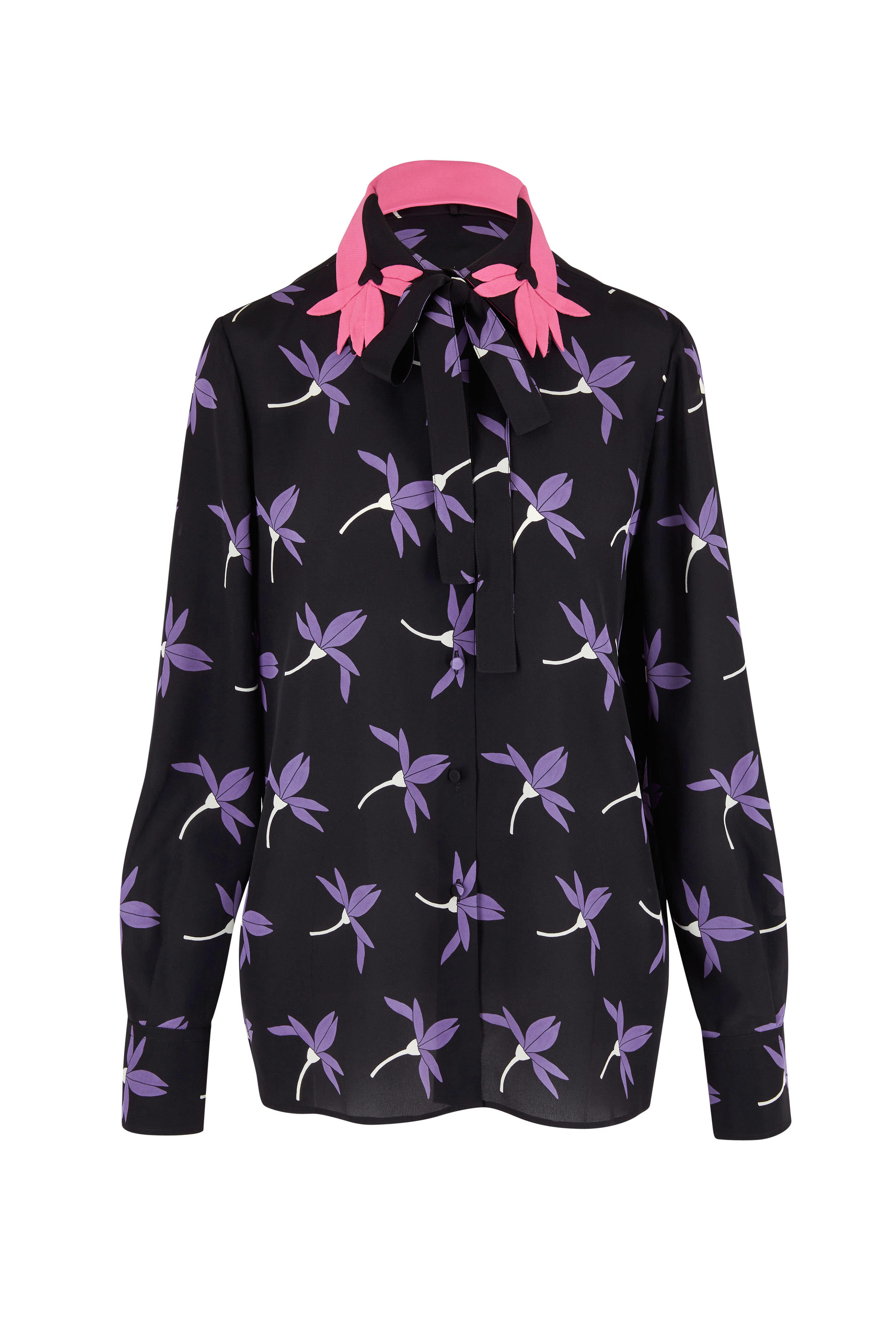 VALENTINO Silk crepe de chine Cosmetics Lip All-over Pattern Back Ribbon blouse tops black 38