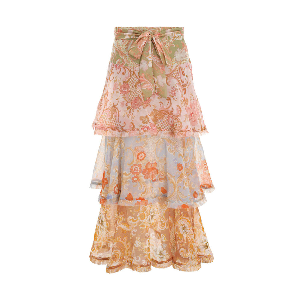 Zimmermann - Multi Swirl Floral Tiered Flounce Midi Skirt