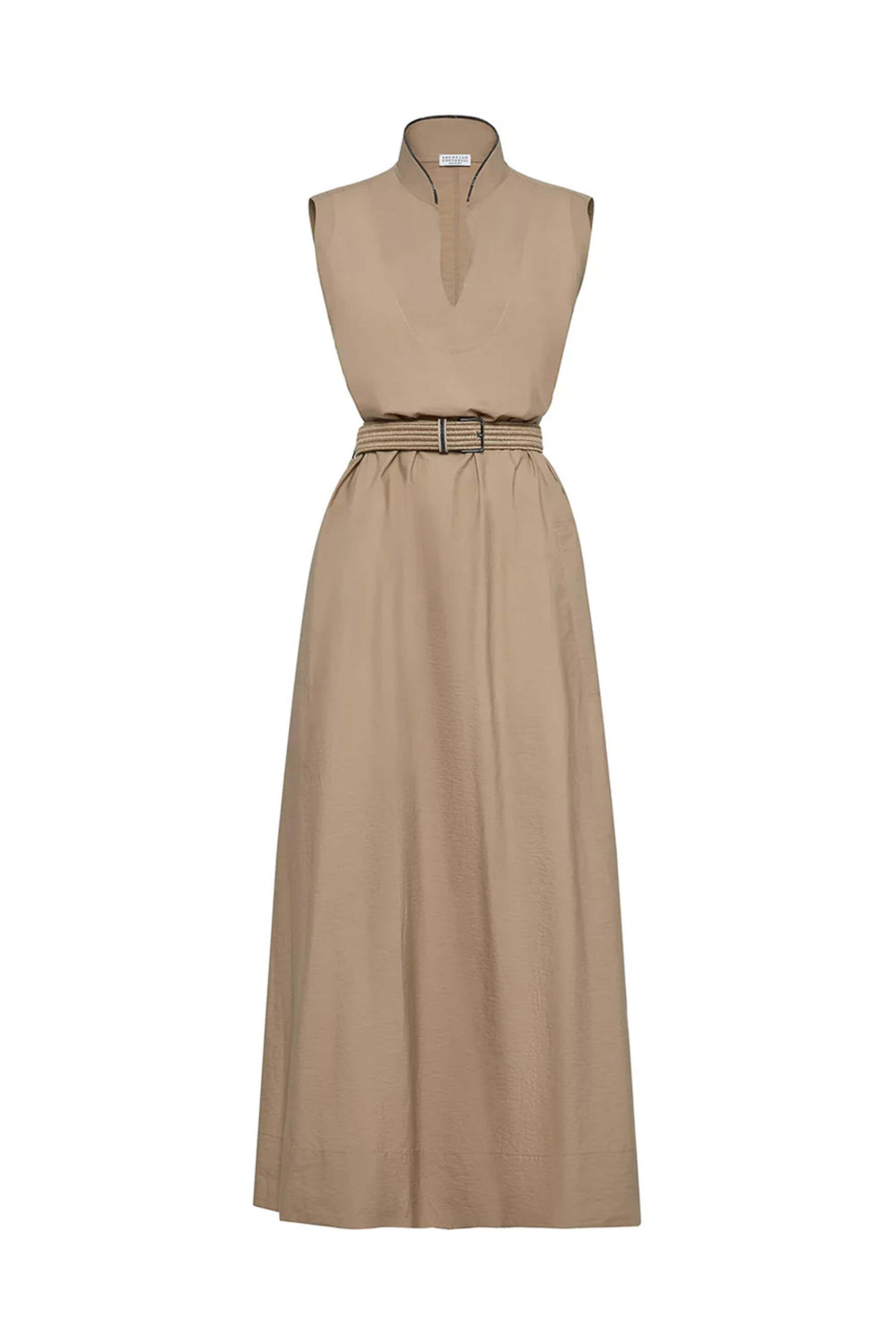Brunello Cucinelli - Dark Beige Sleeveless Belted Midi Dress