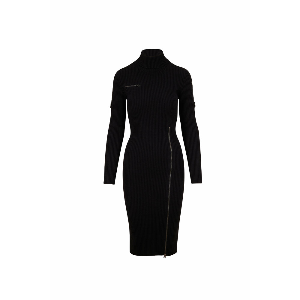 Tom Ford - Black Stretch Wool Zip Detail Long Sleeve Dress