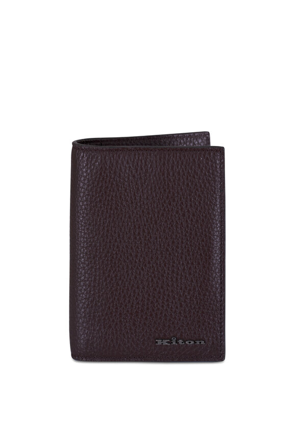 Kiton Brown Grained Leather Passport & Card Holder