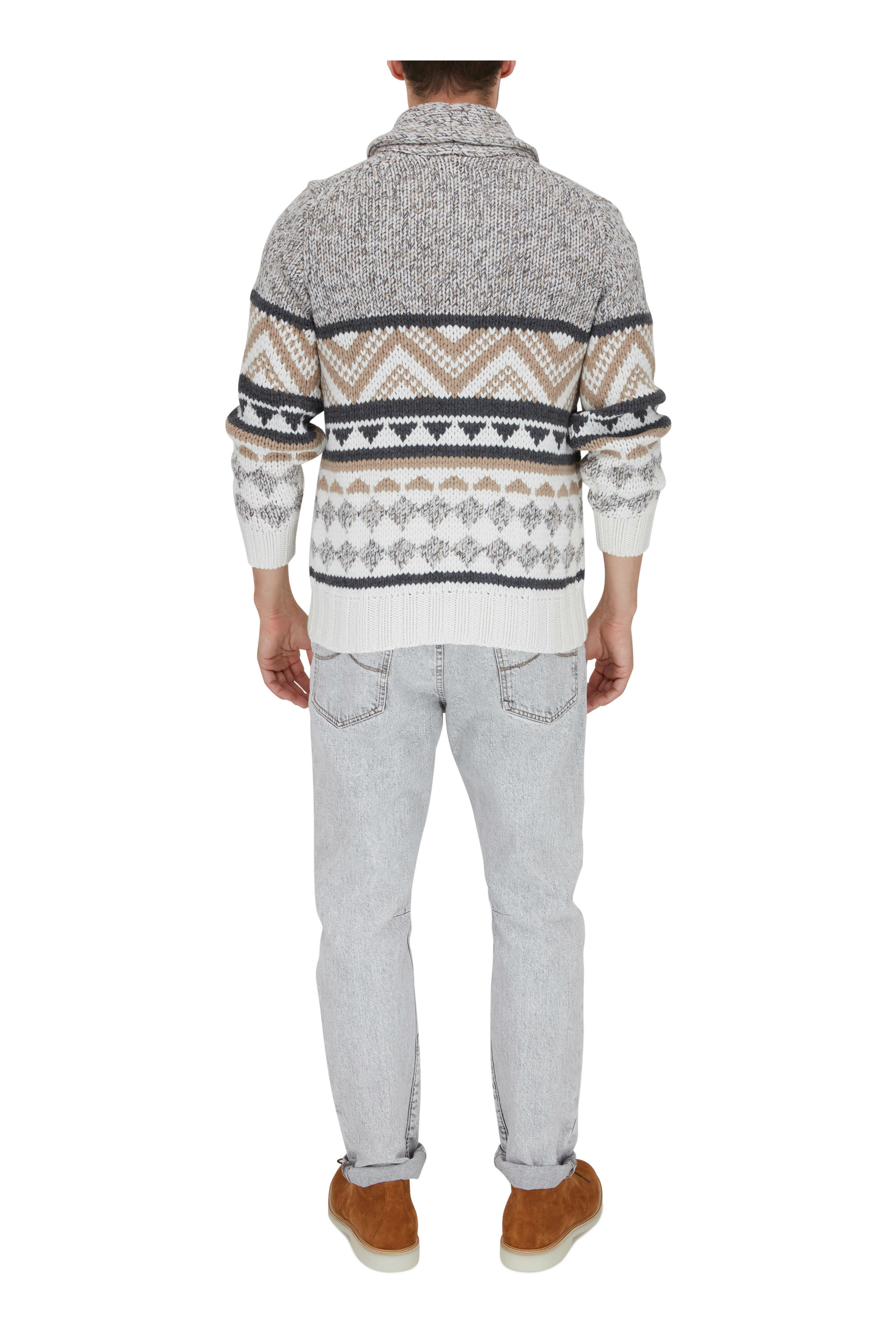 Brunello Cucinelli - Cream, Tan & Gray Aztec Knit Cardigan