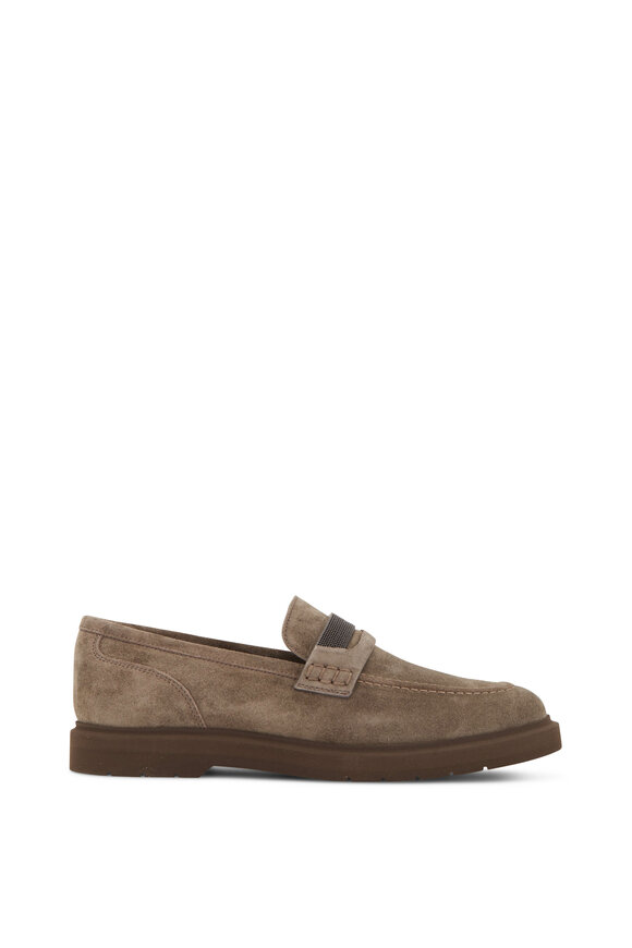 Brunello Cucinelli - Light Gray Suede Monili Strap Penny Loafer