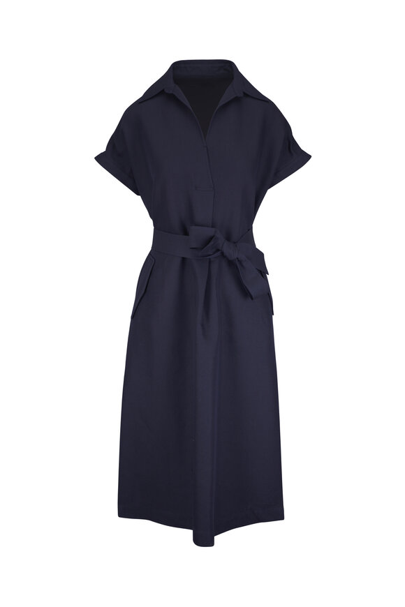 Agnona Navy Cotton, Linen & Silk Twill Midi Tie Dress