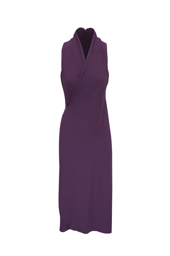 Peter Cohen Crest Plum Tricot Crepe Sleeveless Wrap Dress