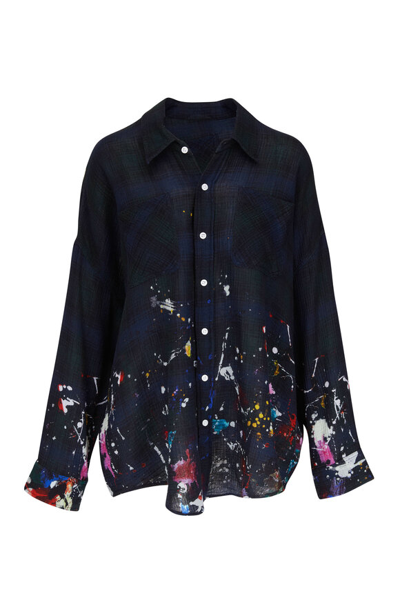 R13 - Navy Plaid Paint Splatter Work Shirt