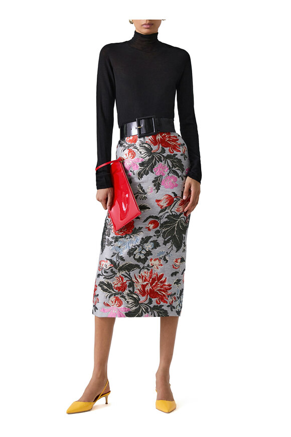 Carolina Herrera - Gray Multi Jacquard Floral Metallic Midi Skirt 