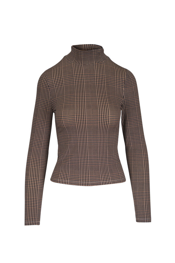 Veronica Beard Nate Dark Acorn Multi Houndstooth Mock Neck Top