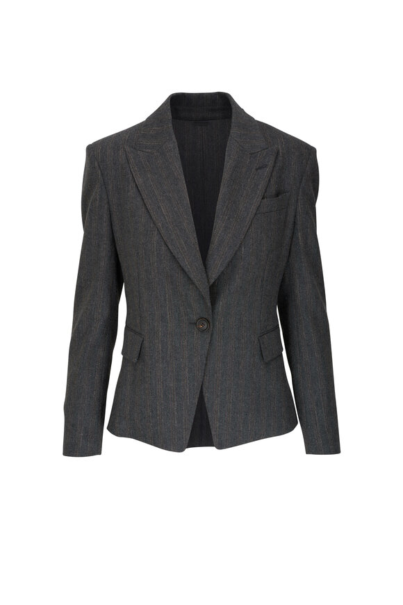 Brunello Cucinelli - Gray Lurex Pinstriped Single Button Cropped Jacket