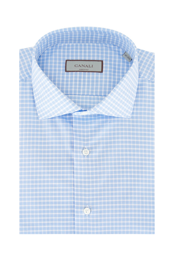 Canali Light Blue & White Check Cotton Dress Shirt