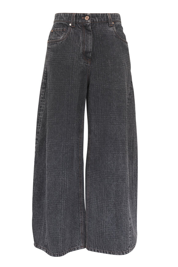 Brunello Cucinelli Charcoal Gray Prince Of Wales Wide Barrel Leg Jean - view 1