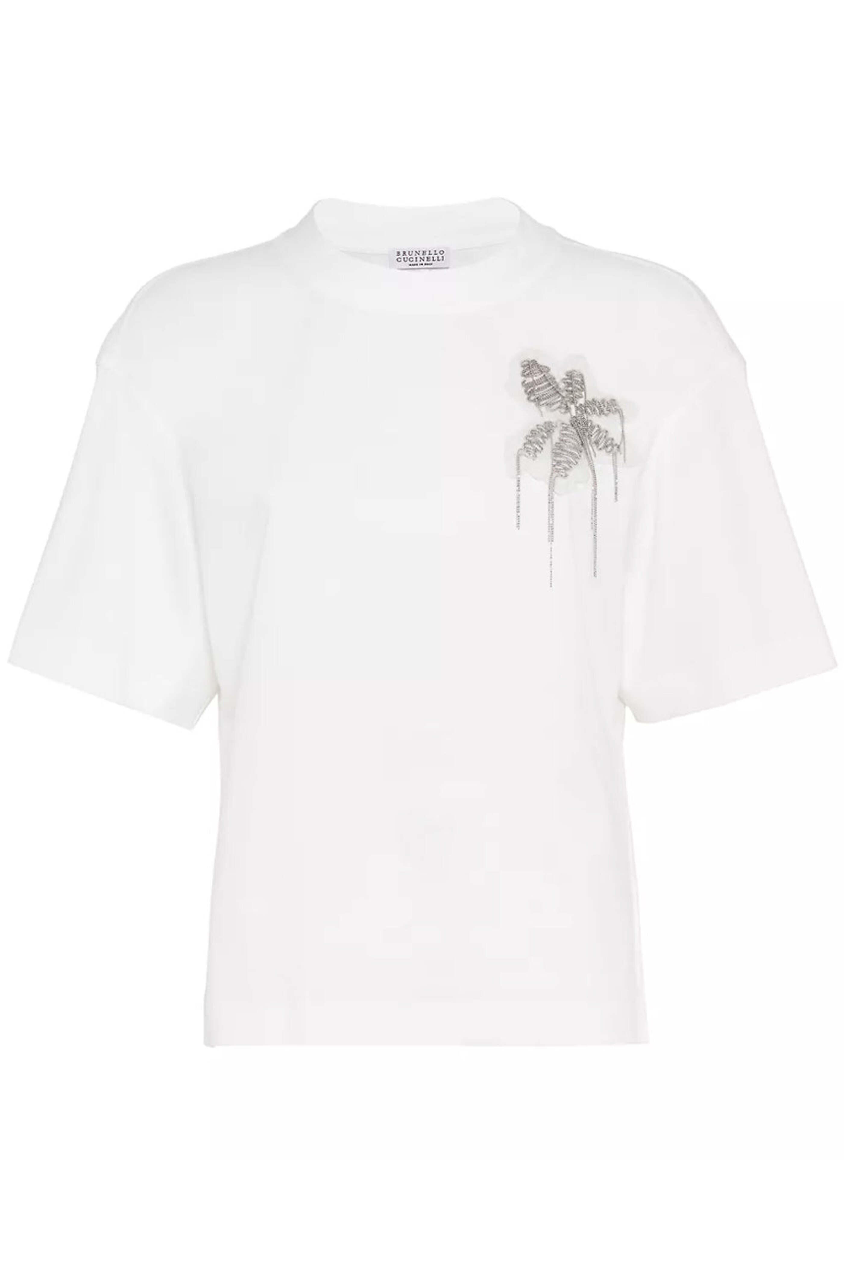 Brunello Cucinelli モニーレ装飾 Tシャツ Brunello Cucinelli - White Jersey Monili Flower Embellished T-Shirt