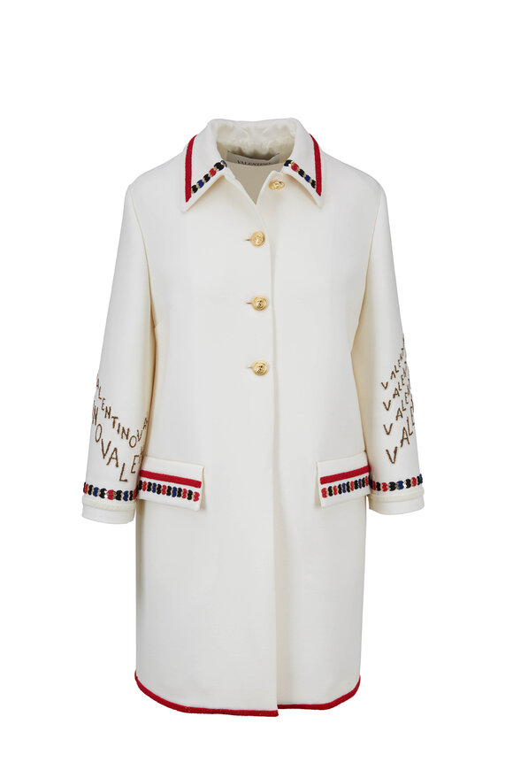 Valentino Ivory Double Crêpe Wool Embroidered Coat 