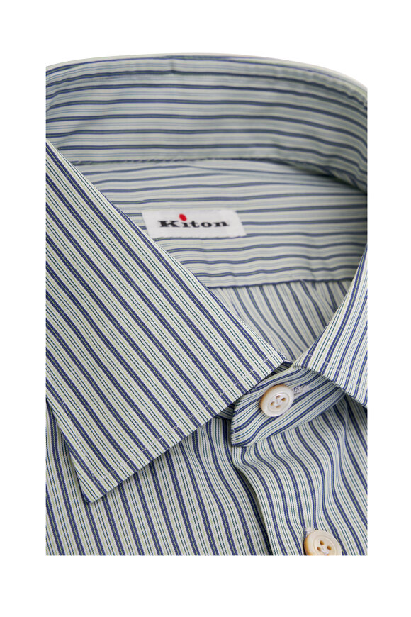 Kiton - Green & Navy Striped Dress Shirt 