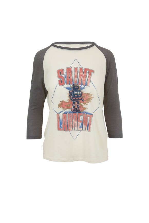 Saint Laurent Natual & Gray Robot Logo Baseball T-Shirt