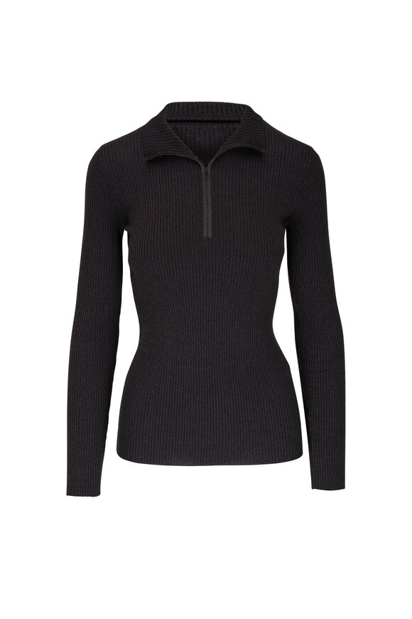 Brunello Cucinelli - Embellished Black Ribbed Quarter Zip Sweater