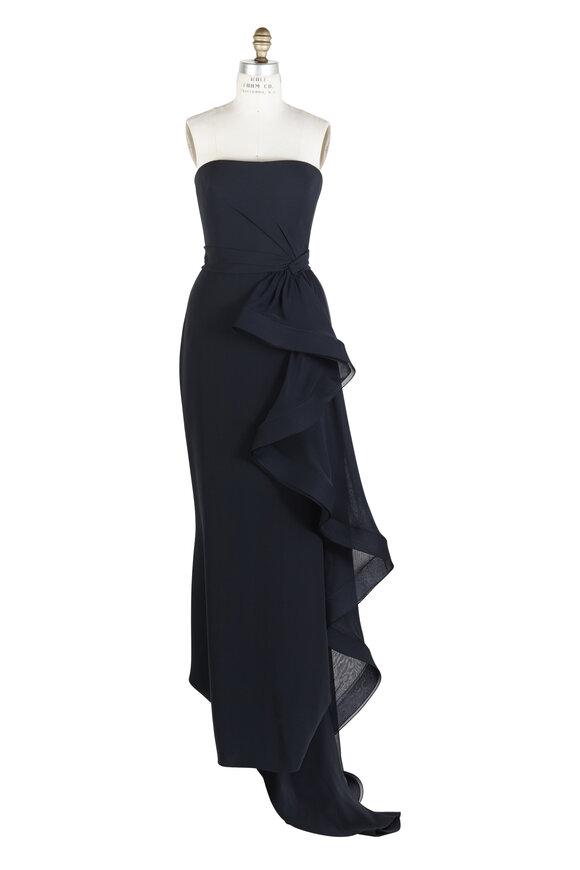 Reem Acra - Navy Blue Silk Ruffle Gown 
