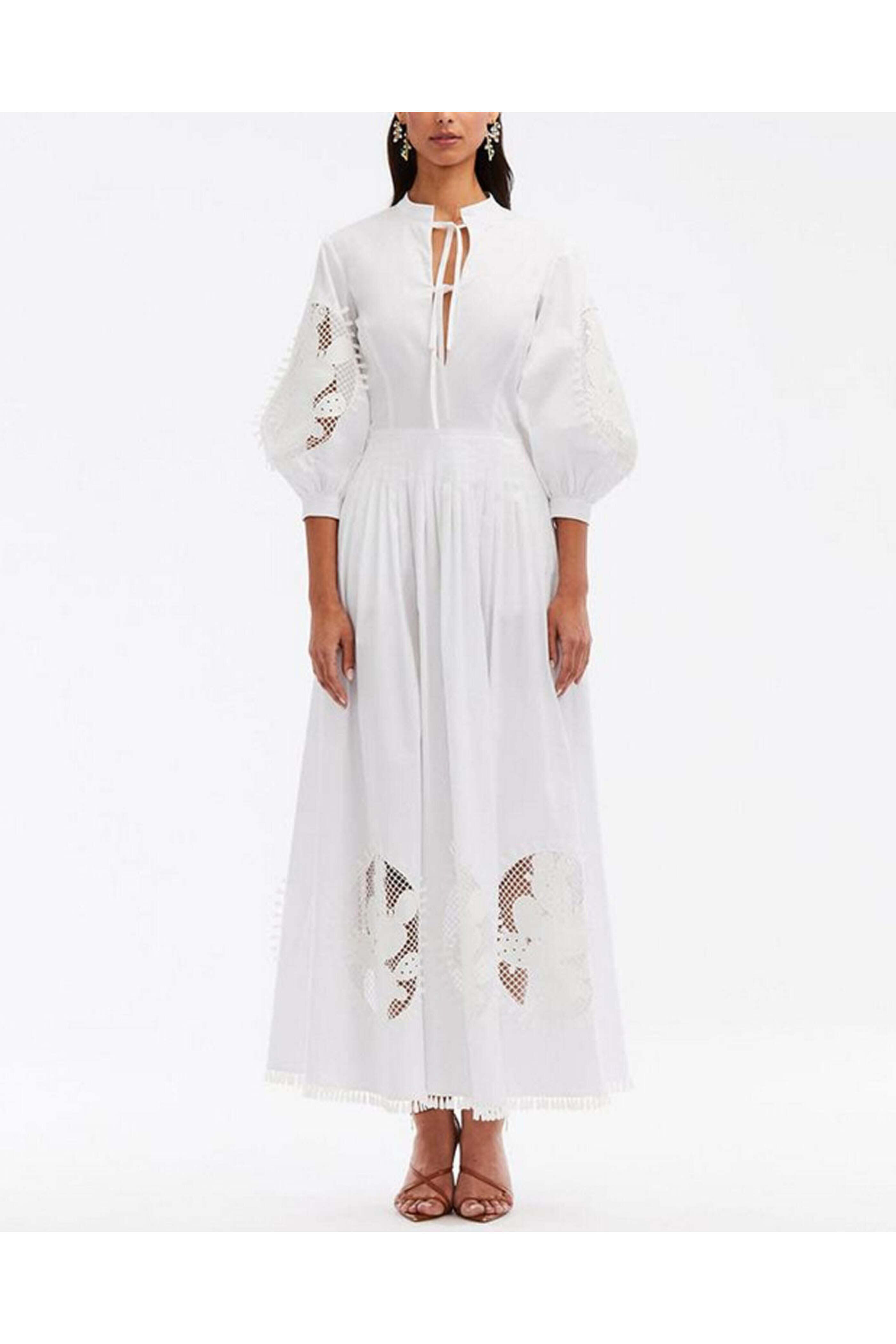 Oscar de la Renta - White Cactus Eyelet Balloon Sleeve Dress