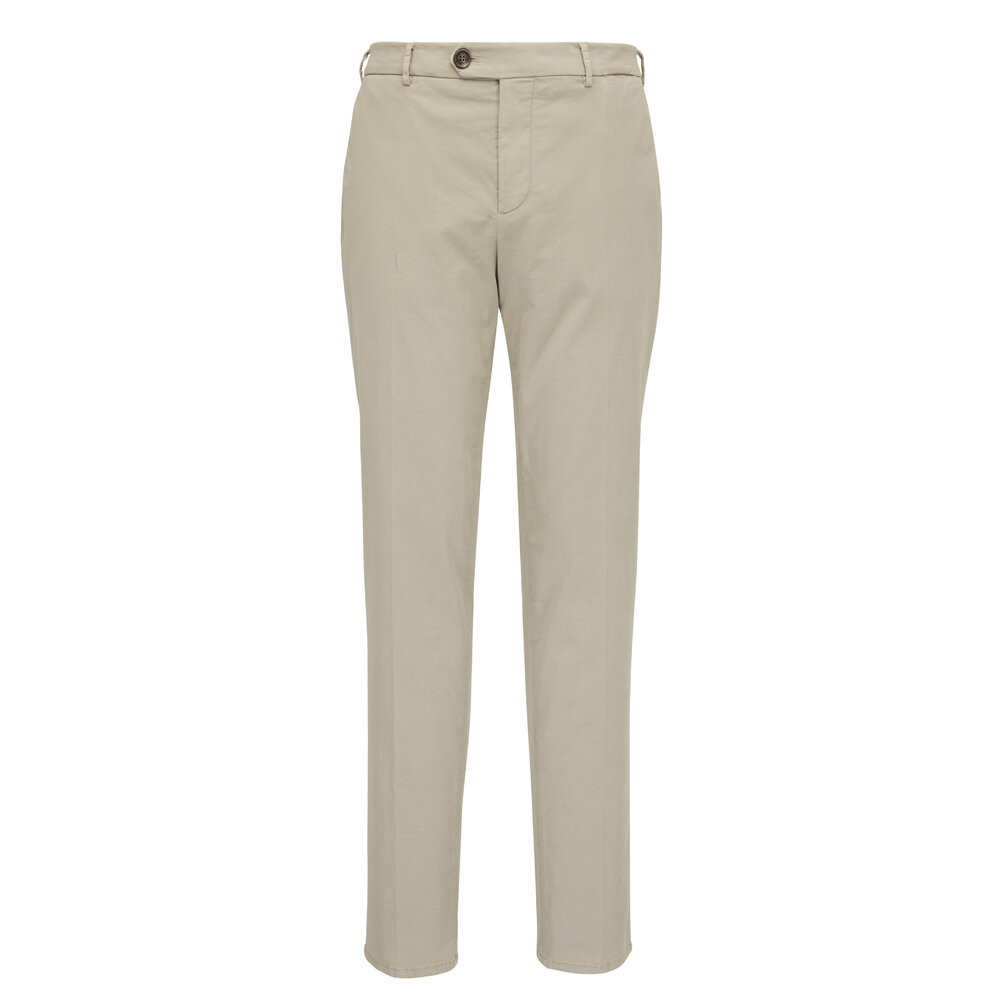 Brunello Cucinelli - Khaki Stretch Cotton Flat Front Casual Pant