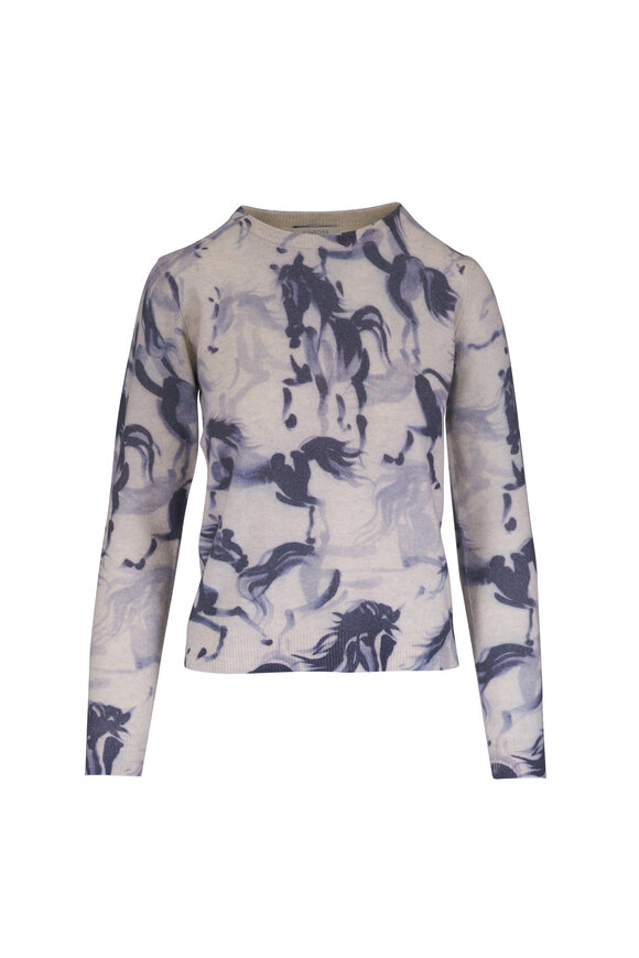 Kinross Cloud Blue Horse Print Cashmere Sweater