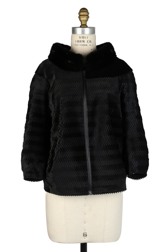 Viktoria Stass Black Vertical Chevron Cut Fur Coat With Mink Trim