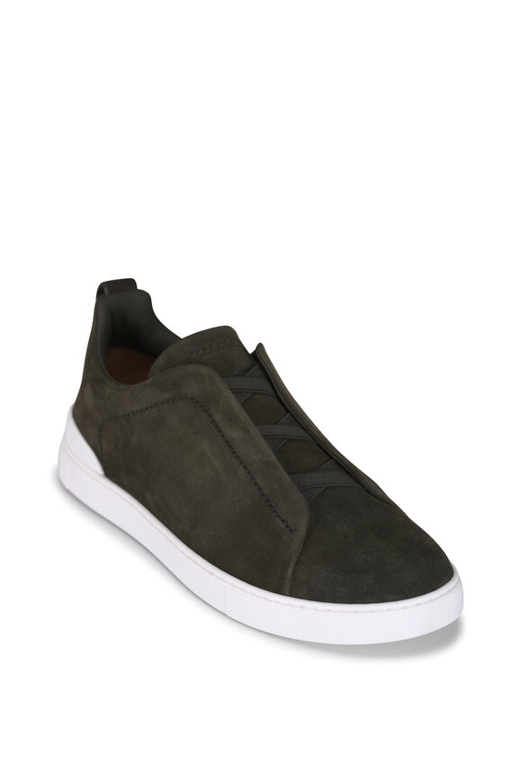 Zegna Triple Stitch Olive Green Suede Sneaker - view 1