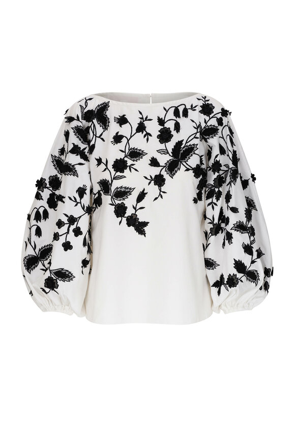 Carolina Herrera Embroidered Puff Sleeve Boatneck Blouse