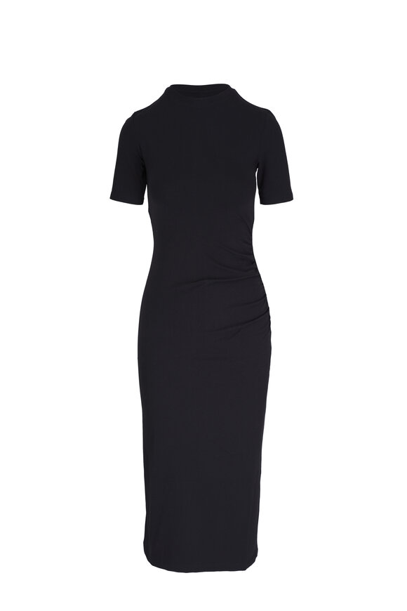 Vince - Black Short Sleeve Side Drape Midi Dress 