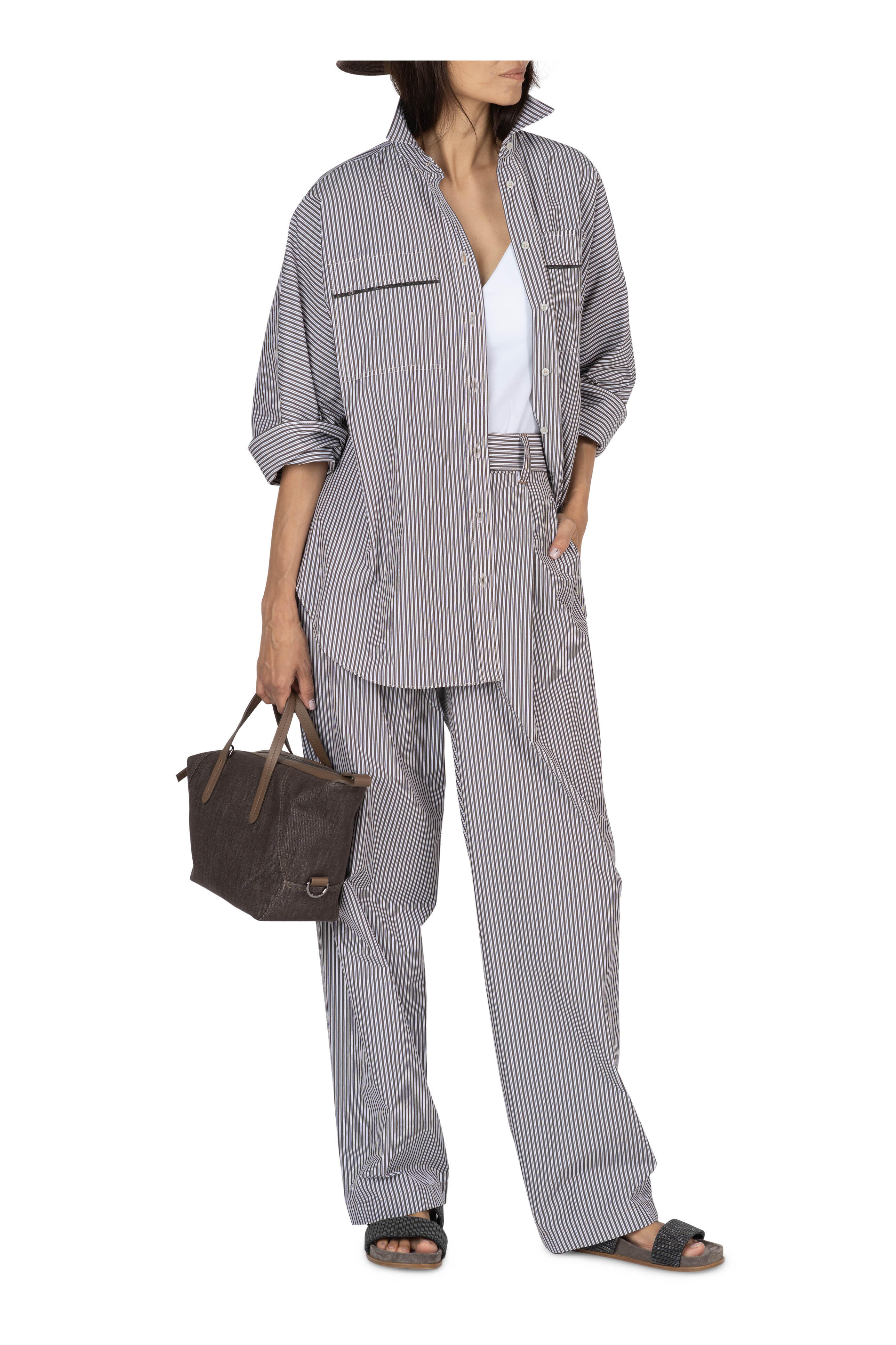 Brunello Cucinelli - White & Chocolate Stripe Cotton Cargo Pant